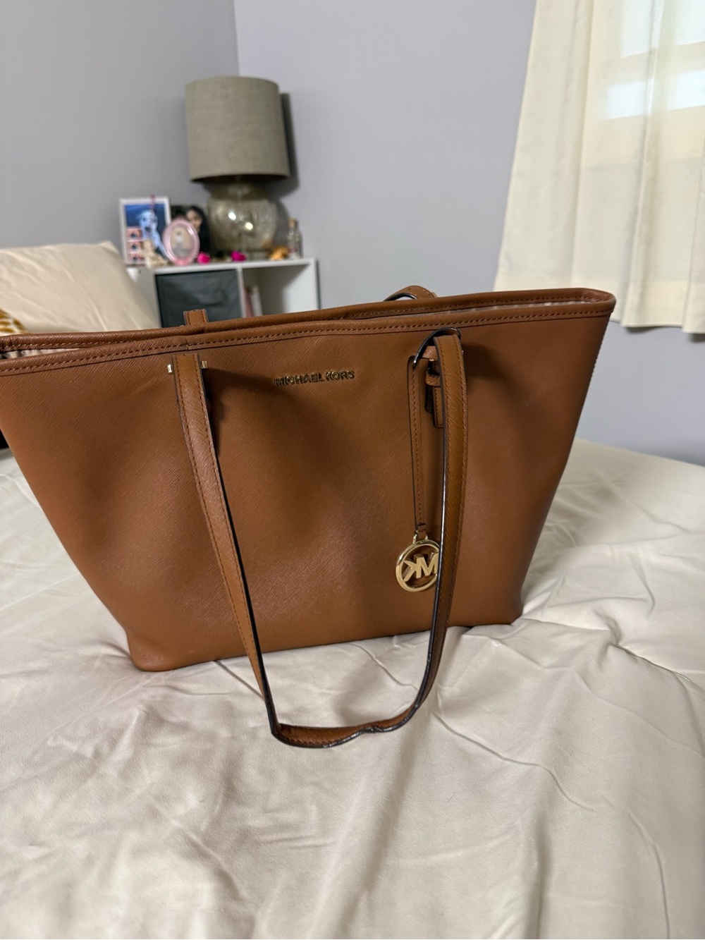 MICHAEL KORS Cognac Saffiano Leather Tote with MK Charm